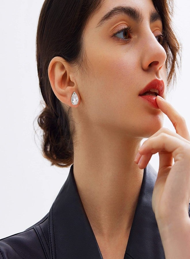 SAILIMUE 6Pairs Stainless Steel Cubic Zirconia Stud Earrings for Women Men 18K White Gold Plated Brilliant Round Square Teardrop Simulated Diamond Halo Stud Earrings CZ Stud Earrings Set - Image 3